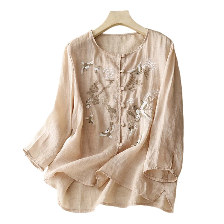 Emberlyn™ | Vintage Embroidered Cotton-Linen Blouse