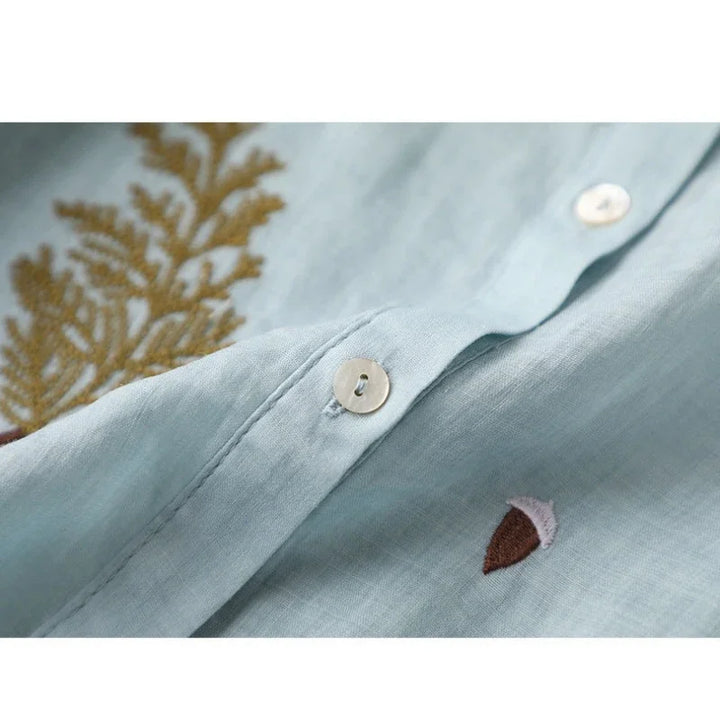 Lara™| Embroidered Cotton-Linen Lapel Shirt