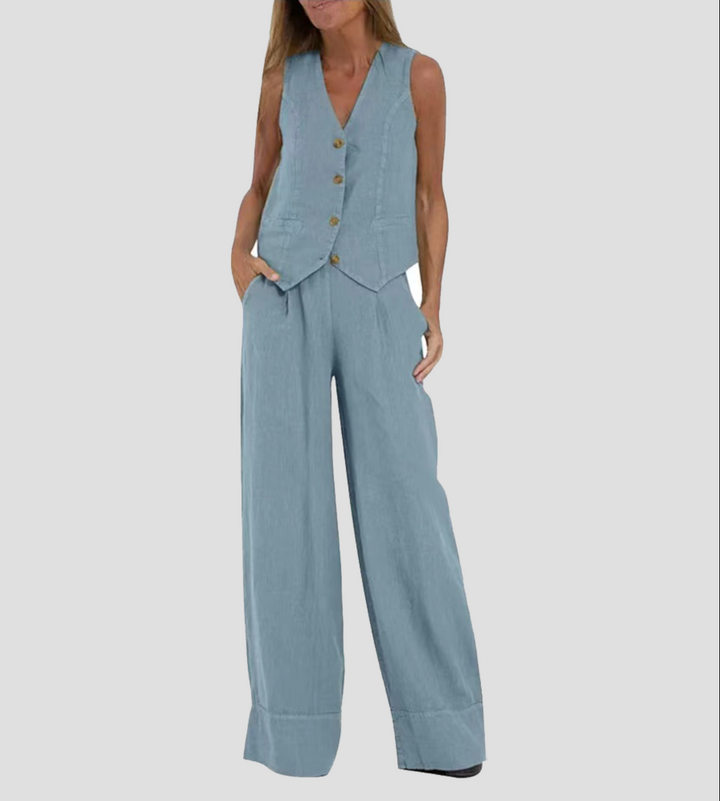 Sara™| Trendy Set (Wide Leg Trousers + Buttoned Sleeveless Vest)