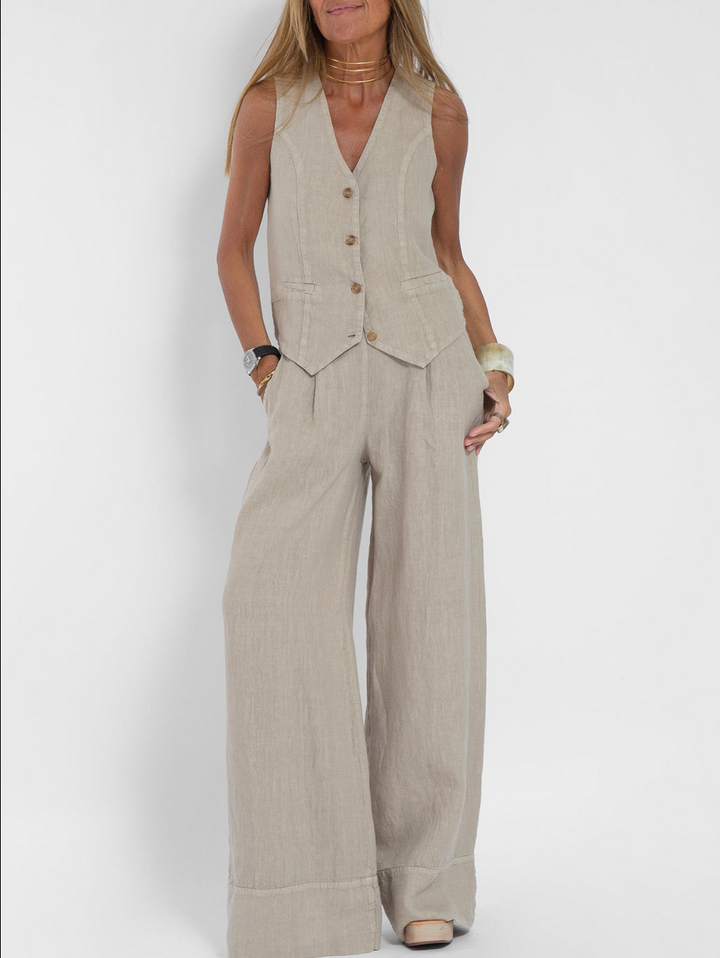 Sara™| Trendy Set (Wide Leg Trousers + Buttoned Sleeveless Vest)