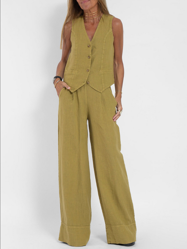 Sara™| Trendy Set (Wide Leg Trousers + Buttoned Sleeveless Vest)