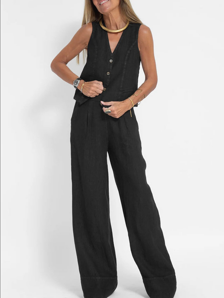 Sara™| Trendy Set (Wide Leg Trousers + Buttoned Sleeveless Vest)