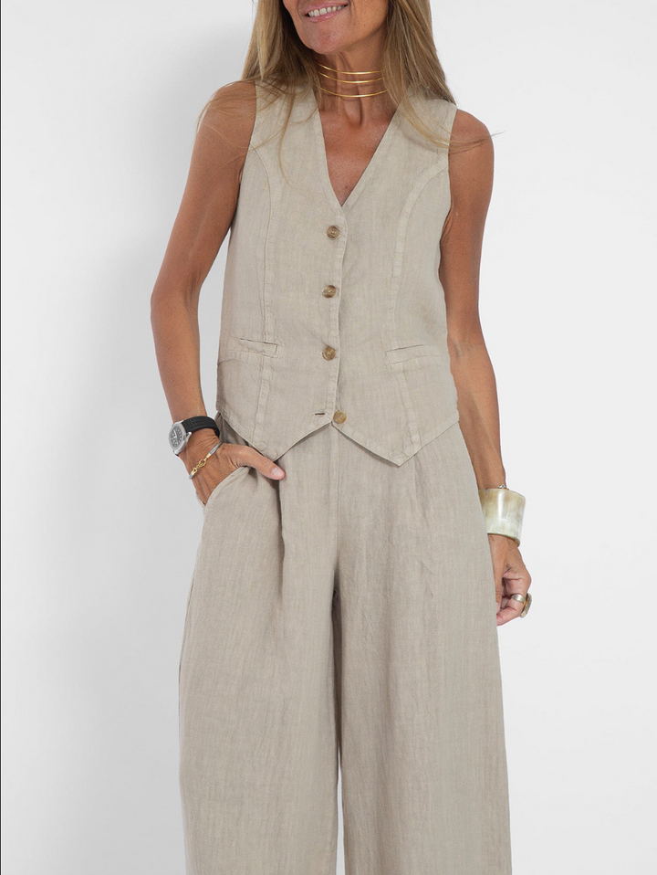 Sara™| Trendy Set (Wide Leg Trousers + Buttoned Sleeveless Vest)