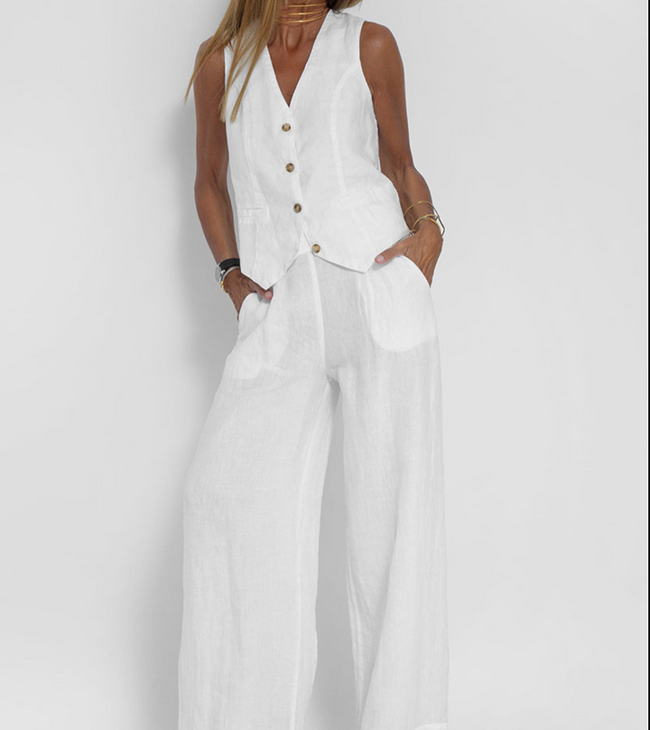 Sara™| Trendy Set (Wide Leg Trousers + Buttoned Sleeveless Vest)