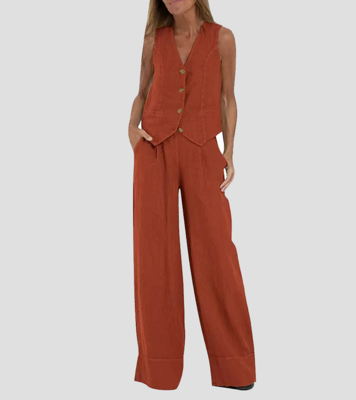 Sara™| Trendy Set (Wide Leg Trousers + Buttoned Sleeveless Vest)