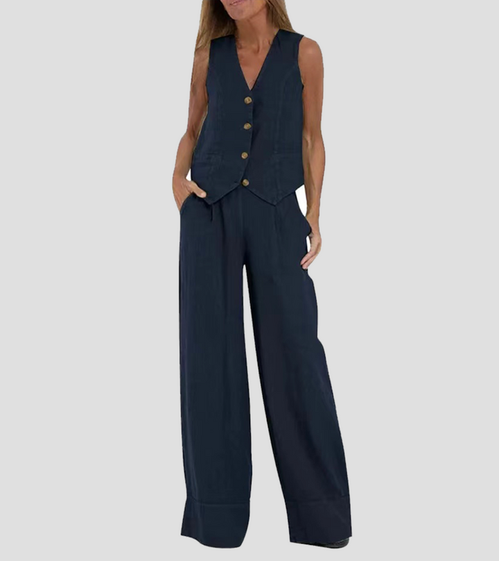 Sara™| Trendy Set (Wide Leg Trousers + Buttoned Sleeveless Vest)