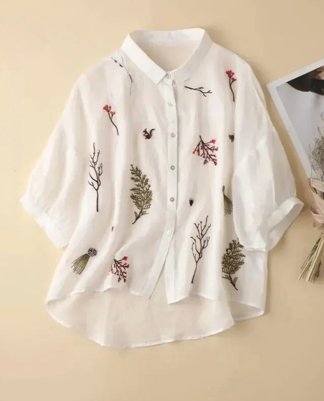 Lara™| Embroidered Cotton-Linen Lapel Shirt